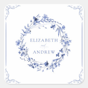 Sticker Carré Mariage Couronne Florale Calligraphie Formel Éléga