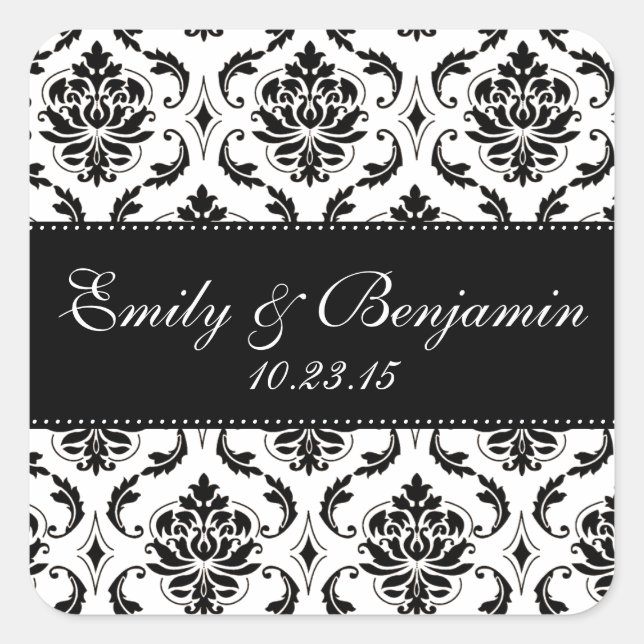 Sticker Carré Mariage damassé blanc et noir Favoriser (Devant)
