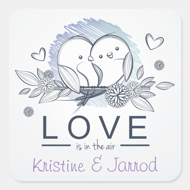 Sticker Carré Mariage d'amour personnalisé Purple Lovebirds (Devant)