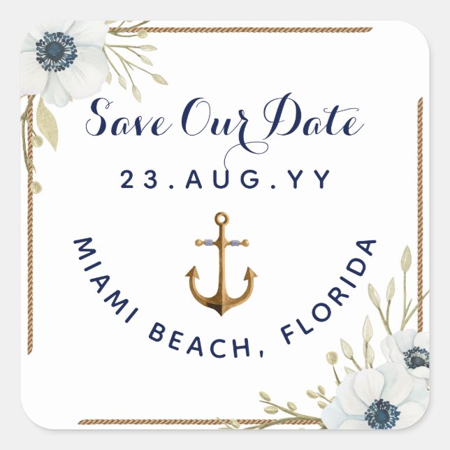 Sticker Carré Mariage d'Ancre d'anémone bleu et blanc marine (Devant)