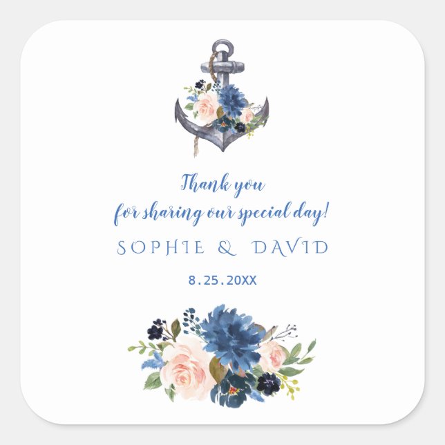 Sticker Carré Mariage d'Ancre floral bleu rose marine (Devant)