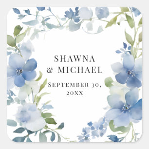 Sticker Carré Mariage d'aquarelle bleu floral moderne printemps