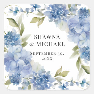Sticker Carré Mariage d'aquarelle bleu floral moderne printemps
