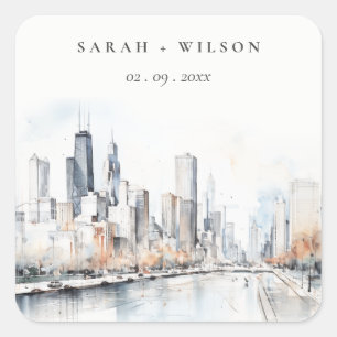 Sticker Carré Mariage d'aquarelle de Chicago, Illinois City Scap