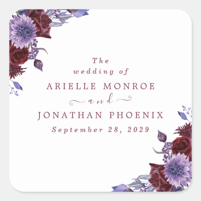 Sticker Carré Mariage d'aquarelle florale violet et blanc (Devant)