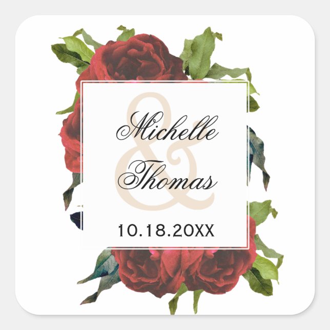 Sticker Carré Mariage de bouquet Floral Rose rouge (Devant)