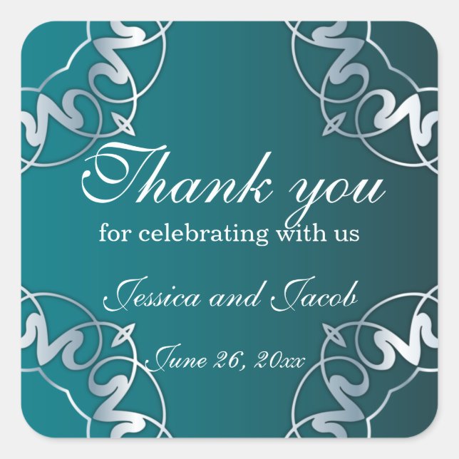 Sticker Carré Mariage de cadre de luxe Silver & Turquoise Filigr (Devant)