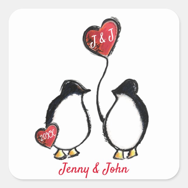 Sticker Carré Mariage de couple de pingouins et ballons cardiaqu (Devant)