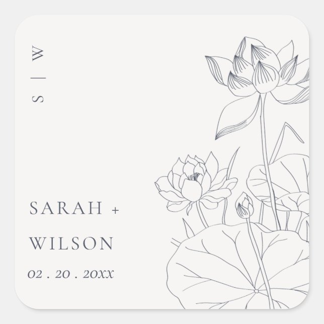 Sticker Carré Mariage de croquis floral Nénuphar minimal (Devant)