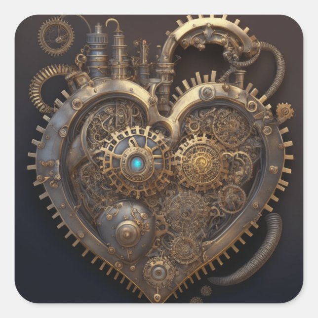 Sticker Carré Mariage de cuivres Coeur Steampunk (Devant)