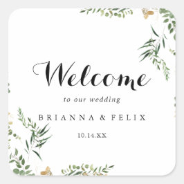 Sticker Carré Mariage de feuillage vert or tropical Bienvenue