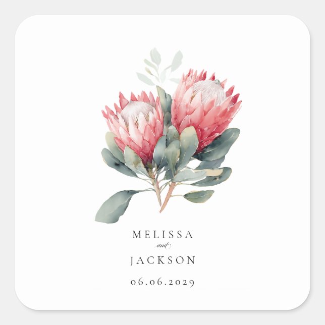 Sticker Carré Mariage de fleurs d'aquarelle en teinte Protea (Devant)