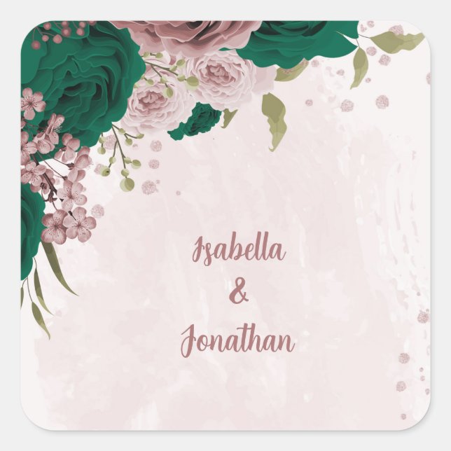 Sticker Carré mariage de fleurs rose vert émeraude (Devant)