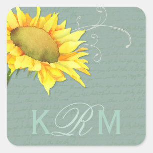 Sticker Carré Mariage de jade gris de tournesol aquarelle