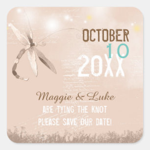 Sticker Carré Mariage de libellules beiges Enregistrer la date