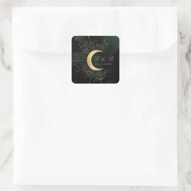 Sticker Carré Mariage de lune d'or d'émeraude céleste (Sac)