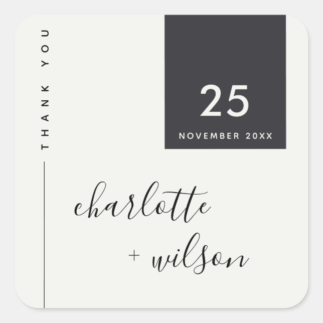 STICKER CARRÉ MARIAGE DE MERCI BLANC ET NOIR MODERNE MINIMAL (Devant)