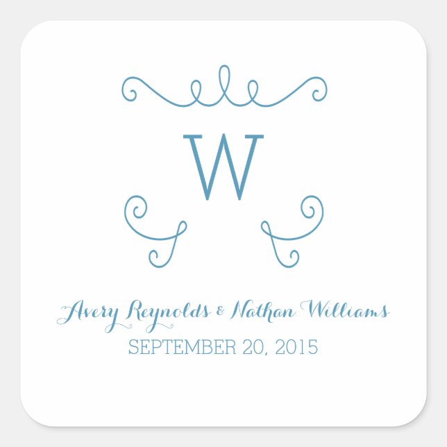 Sticker Carré Mariage de monogramme bleu Whimsical Flourd (Devant)