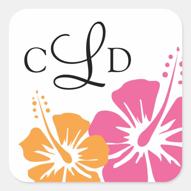 Sticker Carré Mariage de monogramme de fleurs d'Hibiscus (Devant)