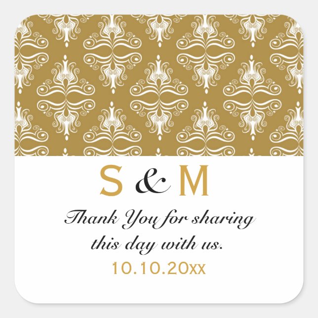 Sticker Carré Mariage de monogramme de Merci blanc or (Devant)