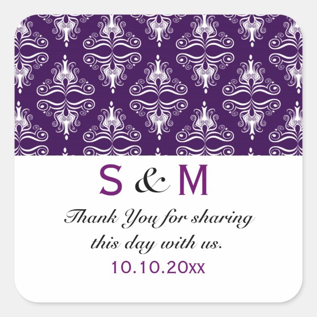 Sticker Carré Mariage de monogramme de Merci blanc pourpre (Devant)
