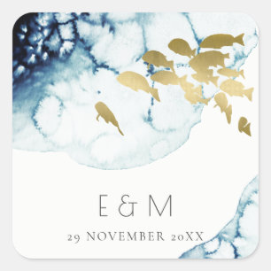 Sticker Carré Mariage DE MONOGRAMME DE POISSON SOUS-MARINE GOLD 