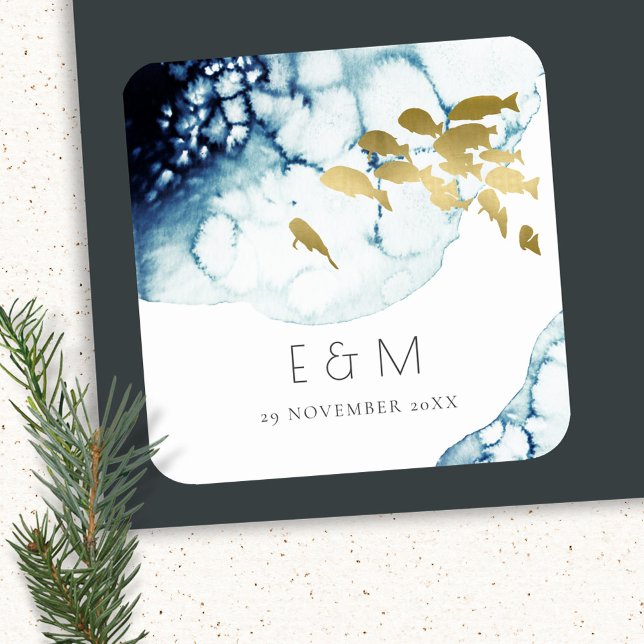 Sticker Carré Mariage DE MONOGRAMME DE POISSON SOUS-MARINE GOLD  (Créateur téléchargé)