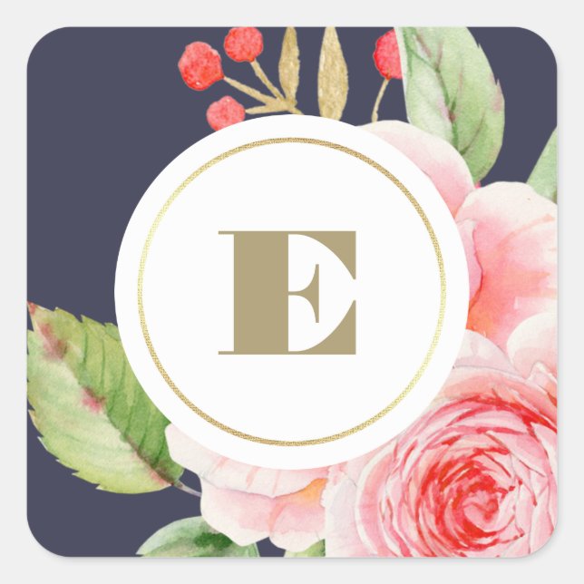 Sticker Carré Mariage de monogramme floral bleu marine (Devant)