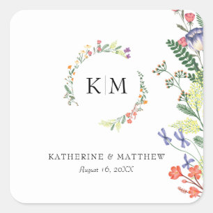 Sticker Carré Mariage de monogramme floral élégant