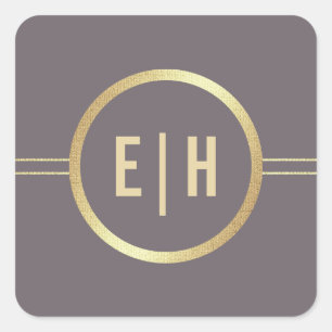 Sticker Carré Mariage de monogramme personnalisé Dark Mocha Gold
