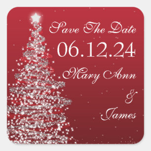 Sticker Carré Mariage de Noël Enregistrer La Date Argent Rouge
