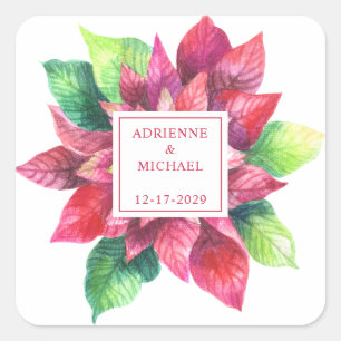 Sticker Carré Mariage de Noël Rouge Poinsettia
