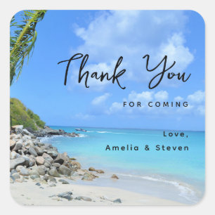 Sticker Carré Mariage de plage tropicale turquoise Merci