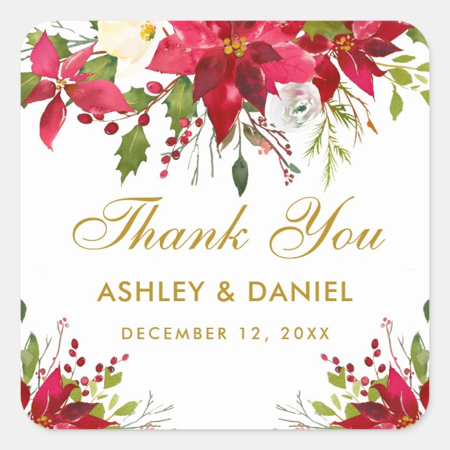 Sticker Carré Mariage de vacances Poinsettia Floral Gold Merci (Devant)