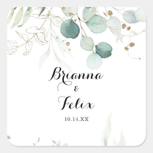 Sticker Carré Mariage d'enveloppes d'or Eucalyptus rustique (Devant)