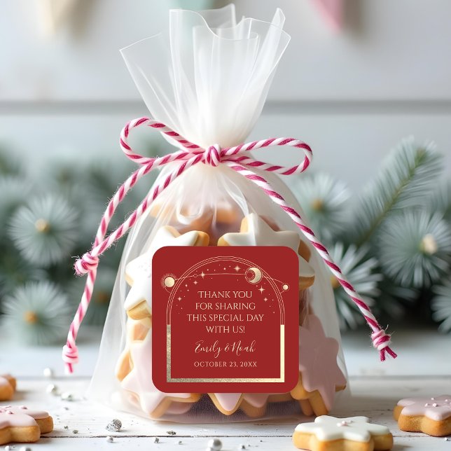 Sticker Carré Mariage des étoiles de la Lune d'or rouge céleste (Créateur téléchargé)