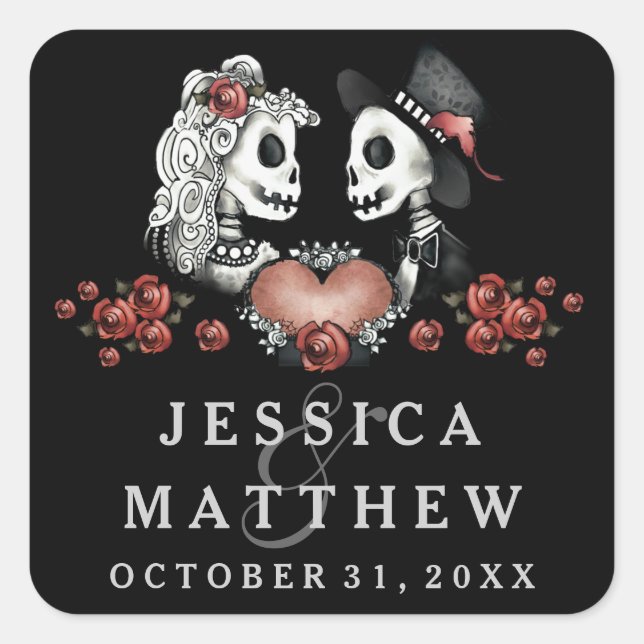 Sticker Carré Mariage des squelettes d'Halloween noir et blanc (Devant)