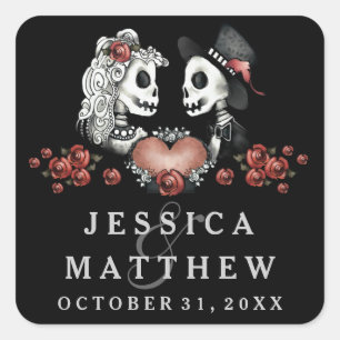 Sticker Carré Mariage des squelettes d'Halloween noir et blanc
