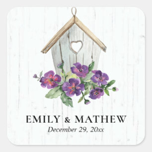 STICKER CARRÉ MARIAGE D'OISEAUX FLORAUX EN BOIS BLANC