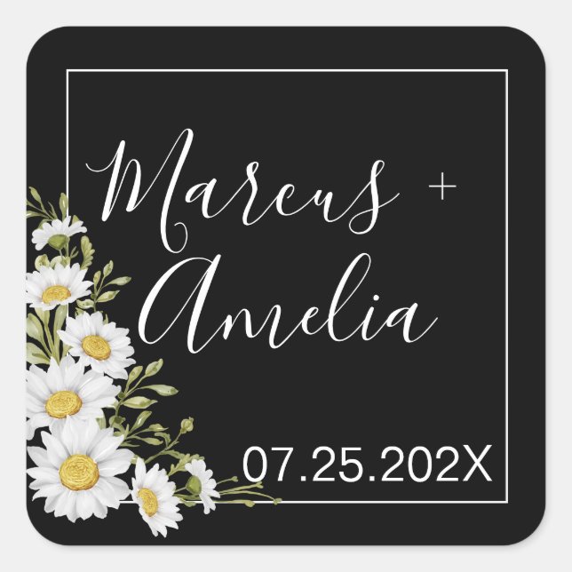 Sticker Carré Mariage Dramatique de marguerites noir et blanc (Devant)