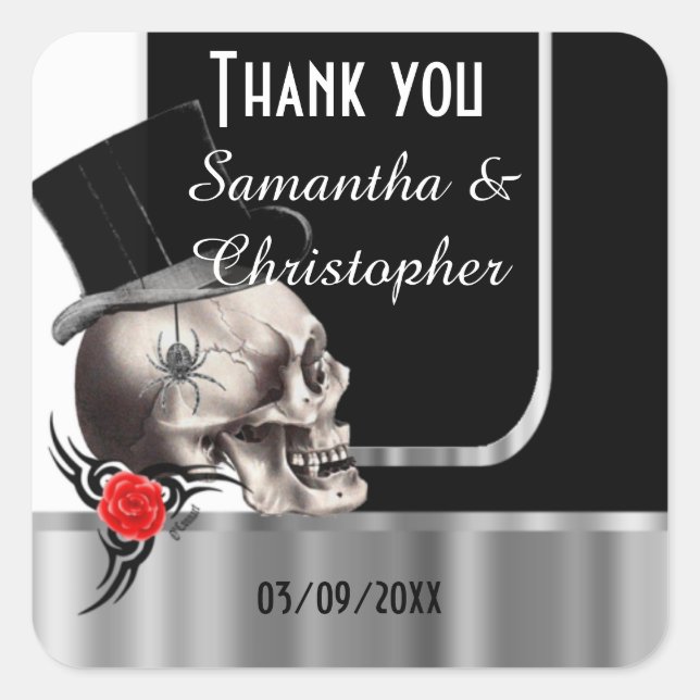 Sticker Carré Mariage du crâne gothique noir merci (Devant)