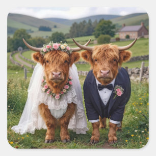Sticker Carré Mariage Écossais Vaches des Highlands