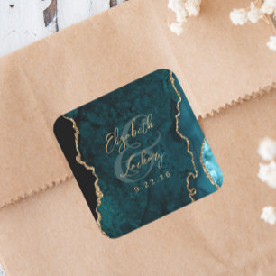 Sticker Carré Mariage écriture Agate Bleu sarcelle Or