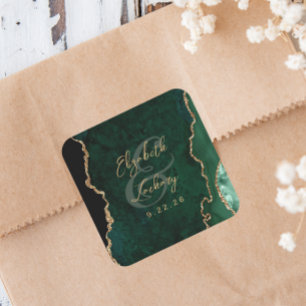 Sticker Carré Mariage écriture Agate Vert Emeraude Or