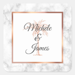 Sticker Carré Mariage élégant gris rose or palmier marbre
