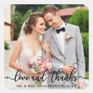 Sticker Carré Mariage Elegant Script Love and Thanks Photo