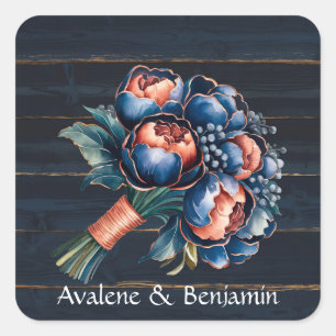 Sticker Carré Mariage en bois de bouquet de la Marine bleu et de