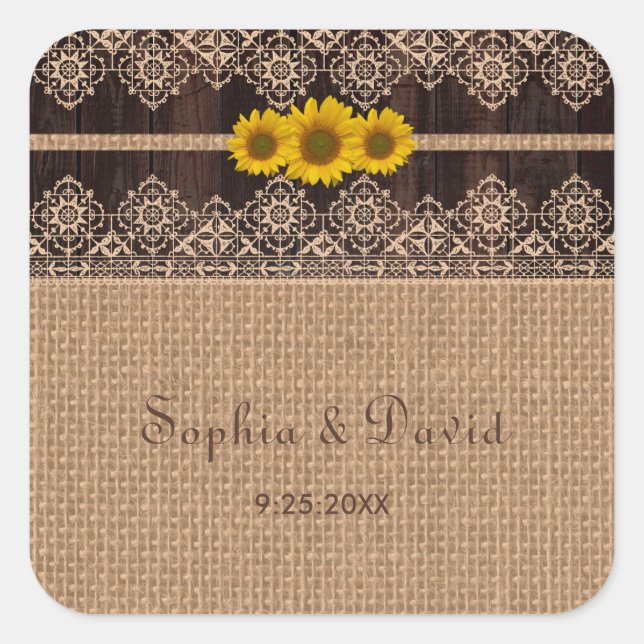 Sticker Carré Mariage en bois de dentelle rustique (Devant)