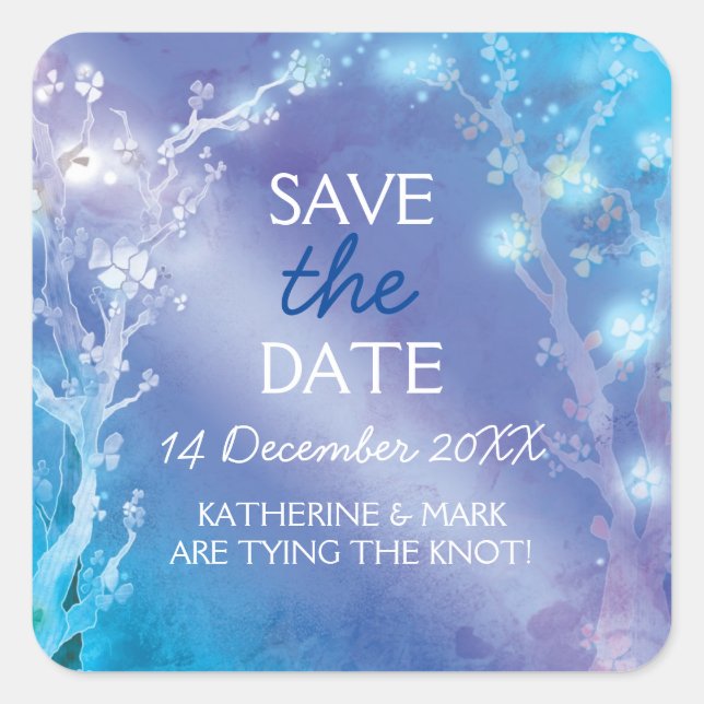 Sticker Carré Mariage Ethereal Blue Forest Enregistrer la date (Devant)