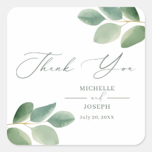 Sticker Carré Mariage Eucalyptus Sage Vert Aquarelle
